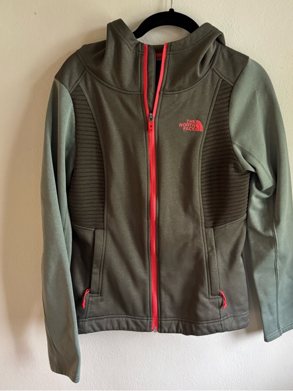 The North Face Hooded Jacket in Olive Green with Coral Trim